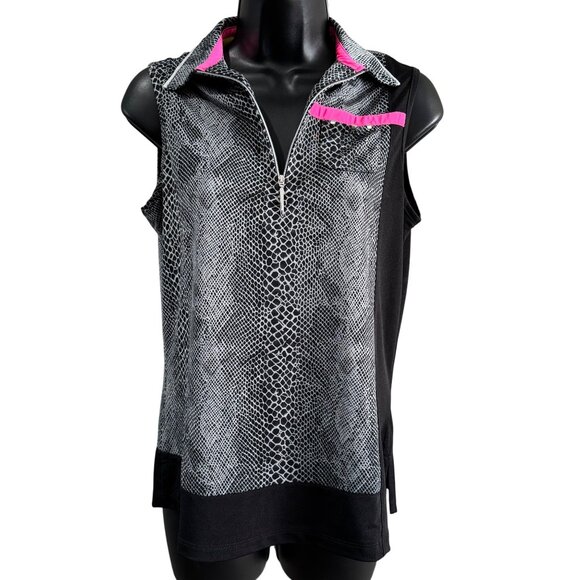 Jamie Sadock Womens Sleeveless Zip Polo Shirt Black White Pink Snake Print - Picture 1 of 8